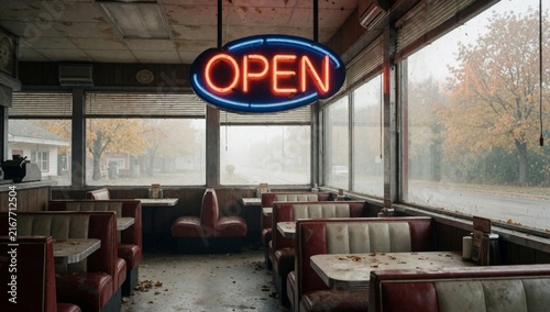 Interior diner large neon sign reads open hanging ceiling has red booths tables white tablecloths floor covere
