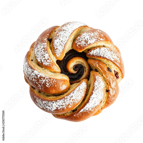 Sweet braided yeast bread with cinnamon and chocolate filling, traditionally Eastern European isolated.