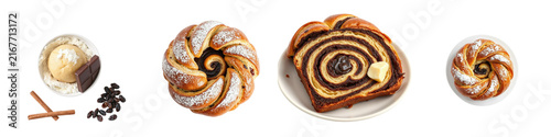 set of pictures for Sweet braided yeast bread with cinnamon and chocolate filling, traditionally Eastern European.
