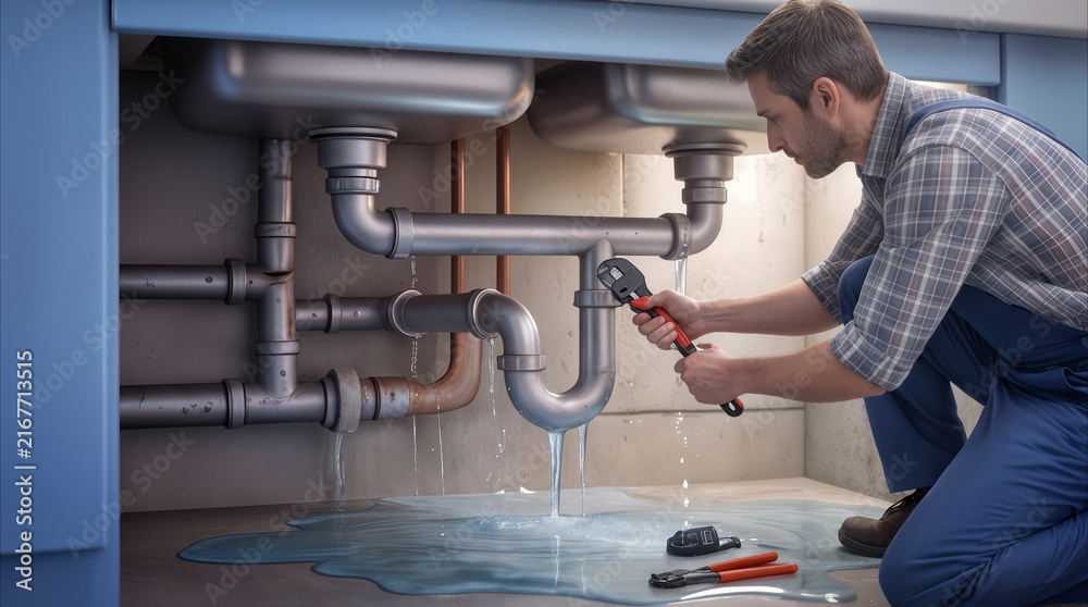 Naklejka premium Repairman fixing leaking kitchen sink pipes with pipe wrench. Professional plumber addressing water damage and plumbing emergency in residential home cabinet.