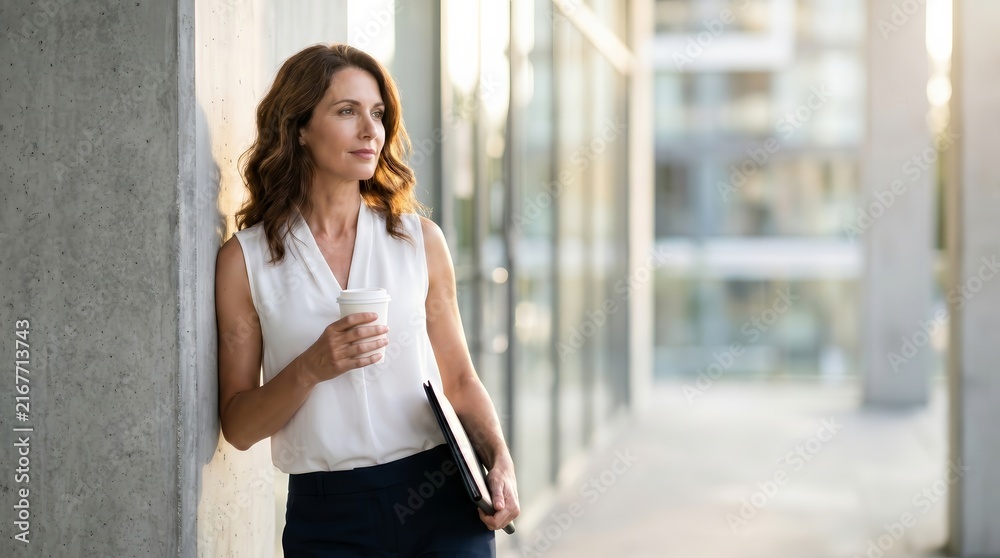 Fototapeta premium Professional businesswoman holding a coffee cup and laptop while leaning against a wall in an office.