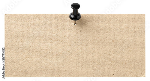Quadro su tela Blank Kraft Paper Card Pinned with Black Pushpin on White Background