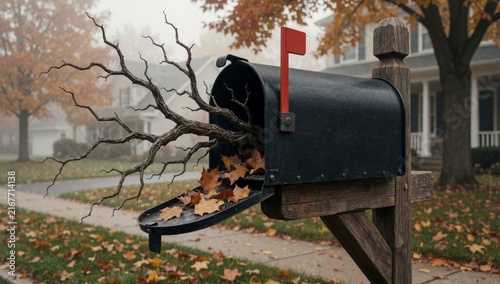 Black mailbox red flag top attached wooden post tree branch sticking which covered fallen leaves twisted gnarl