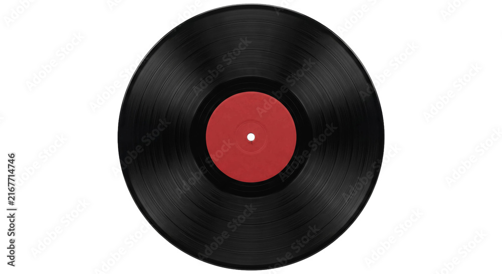 Fototapeta premium Classic black vinyl record with red label, top down view
