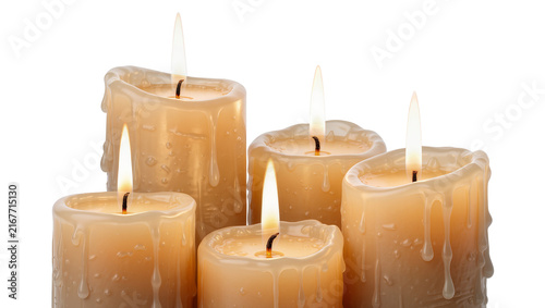 Group of five burning cream-colored candles with dripping wax, isolated on transparent background