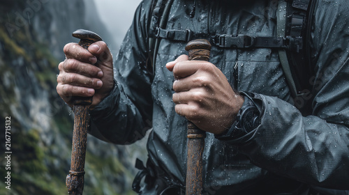Close-up of hiker's hands gripping wooden trekking poles in rain, wearing black waterproof jacket. Mountain landscape with wet gear visible in rainy outdoor adventure setting.