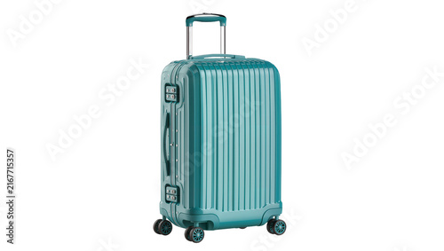 Photography Teal polycarbonate ribbed suitcase with TSA locks and telescopic handle, isolate