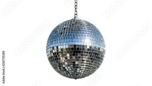 Cuadro en lienzo Shiny disco ball with mirrored squares hanging by chain, isolated on transparent