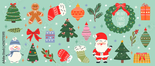 Christmas banner, card, or poster with a decorated Christmas tree, snowman, gingerbread man, Santa figurine, Christmas tree decorations, and festive winter ornaments on a mint background.