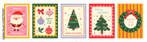 A collection of hand-drawn Christmas and New Year greeting cards featuring decorated Christmas trees, ornaments, snowmen, and Santa Claus.