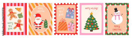 A set of hand-drawn festive Christmas and New Year greeting cards featuring a cartoon Santa, gingerbread man, snowman, and gifts in a retro and vintage style.