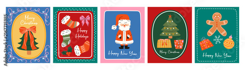 Festive Christmas cards featuring a decorated tree, a snowman, and holiday greetings. Colorful winter design for cards, wrapping paper, and holiday decor.