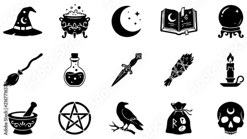 Canvas Print Set of black and white magic icons with witch hat cauldron moon spell book cryst