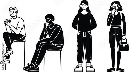 Black and White People Activities Vector Illustration Set