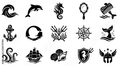 Set of black nautical and ocean icon symbols featuring marine life ships and sea themed illustrations
