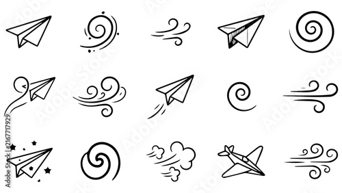 Set of hand drawn doodle paper plane icons and wind motion effect lines for creative design projects