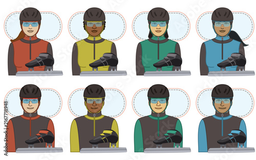 diversity, race, ethnicity of short-track speed skating skater vector icons, male and female, wearing spandex suit and helmet. including skates, track diagram, isolated on a white background