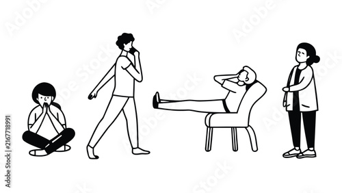Black and White People Activities Vector Illustration Set