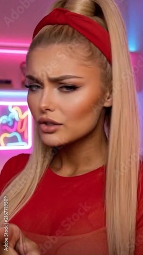 Confident woman in red with neon background
