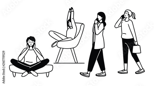 Black and White People Activities Vector Illustration Set