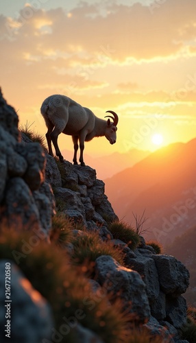 Goat standing on rocky cliff at sunset with warm light illuminating landscape. Majestic goat on mountaintop overlooks stunning sunset view, symbolizing freedom and wildlife in nature.