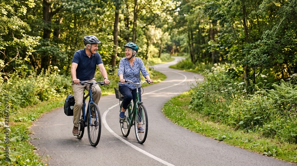Fototapeta premium Two cyclists riding together on a scenic forest road with lush greenery and bright daylight atmosphere