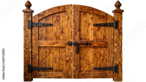 Fotografie Rustic wooden double gate with ornate black iron hinges and latch, isolated on t