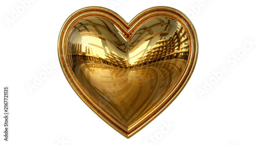 Fotografía Polished golden heart shape with reflection of building, isolated on transparent