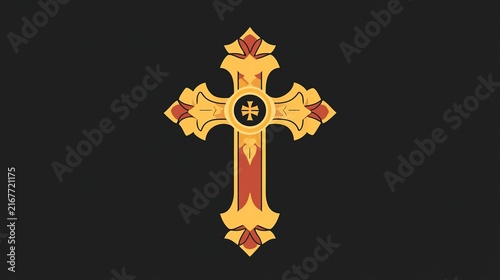 Brightly colored Byzantine cross stands out against a dark backdrop. It showcases intricate details and artistic flair, evoking a sense of rich cultural history and spirituality
