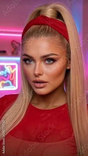 Stylish woman in red with neon lights singing