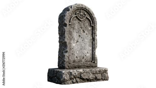 Canvastavla Weathered stone tombstone with ornate carving, isolated on transparent backgroun