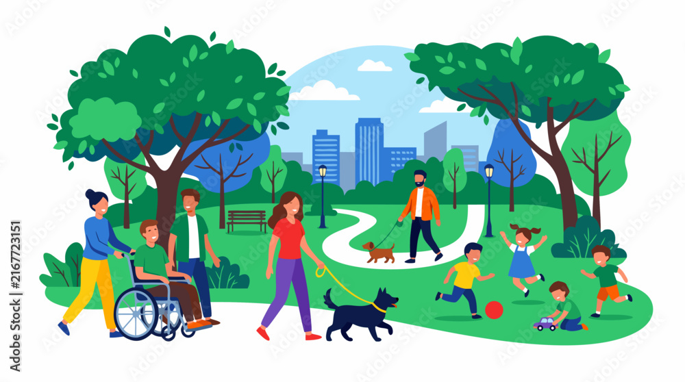 Fototapeta premium Diverse people enjoying sunny urban park scene with wheelchair users, dog walkers on leashes, and children playing on green lawn beneath leafy trees with city skyline