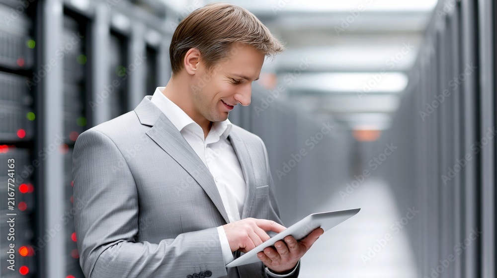 Fototapeta premium A professional man using a tablet in a data center, illustrating modern technology and communication.