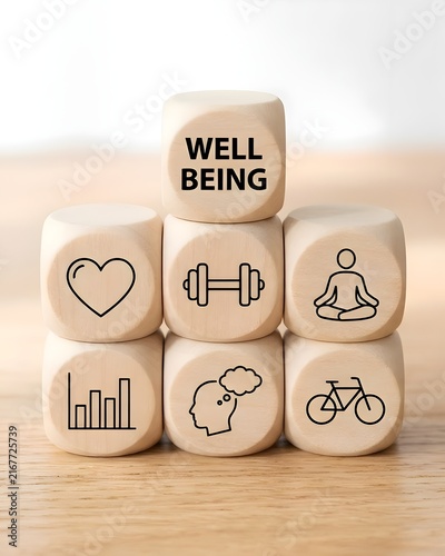 Wooden blocks stacked in a pyramid shape featuring wellbeing text and health icons including heart, dumbbell, yoga pose, and bicycle on a light wood surface with a bright blurred background mood