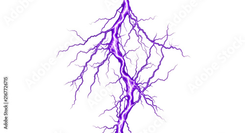 Fotografía Vibrant purple lightning bolts crackle across a stark white background