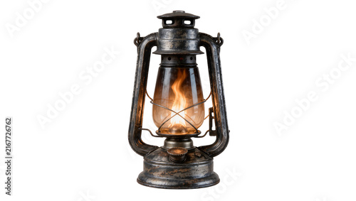 Fotografie Antique kerosene lantern with burning flame, isolated on transparent background