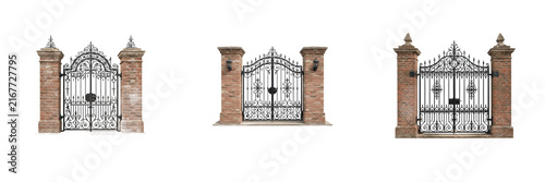 Fotografía Set of Ornamental Wrought Iron Entrance Gates with Vintage Brick Pillars and Sto