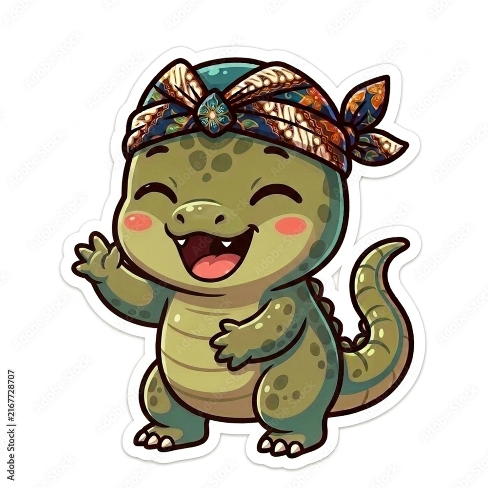 Naklejka premium Cute Chibi Komodo Dragon Character Sticker with Expressive Face