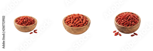 Fotografie Dried Goji Berries in Wooden Bowls PNG Collection Isolated on Transparent Backgr