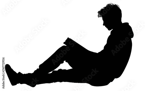 Isolated solid black silhouette of person sitting and reading book, minimal lifestyle graphic
