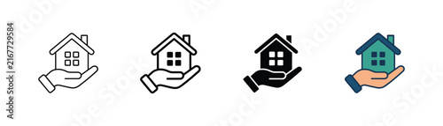 Home icon with hand holding a house, representing property, housing, protection, ownership, real estate, care, and security.