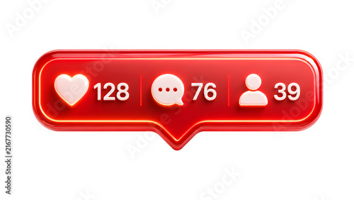 Glossy red social media notification bar, 3D heart likes and comment icons, digital engagement counter for marketing isolated on White Background