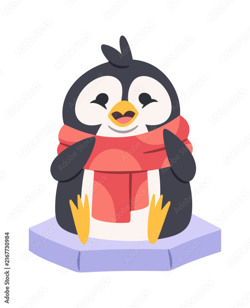 Obraz premium Penguin Wearing Scarf Sitting On Ice Cartoon