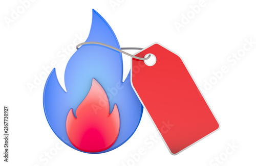 Gas price tag with flame for natural gas and energy costs. 3D rendering
