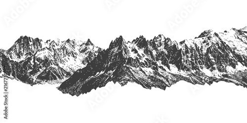 Engraved mountain range silhouette, vintage woodcut rock peaks, alpine nature landscape, and retro adventure vector illustration