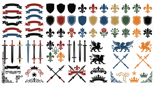 Quadro su tela Heraldic elements set with royal crowns swords shields.
