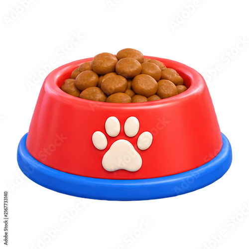 Red and blue pet bowl filled with dry dog food and paw print design