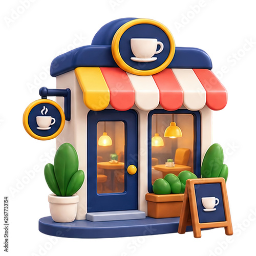 Charming 3D cartoon coffee shop exterior with inviting storefront and plants