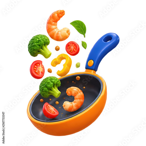3D illustration of fresh ingredients cooking in a frying pan