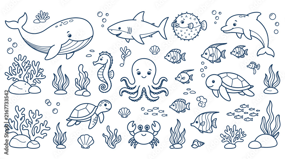 Fototapeta premium Cute cartoon sea creatures line art collection for kids.